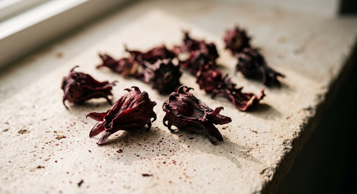 Dried hibiscus calyces scattered across a sunlit windowsill