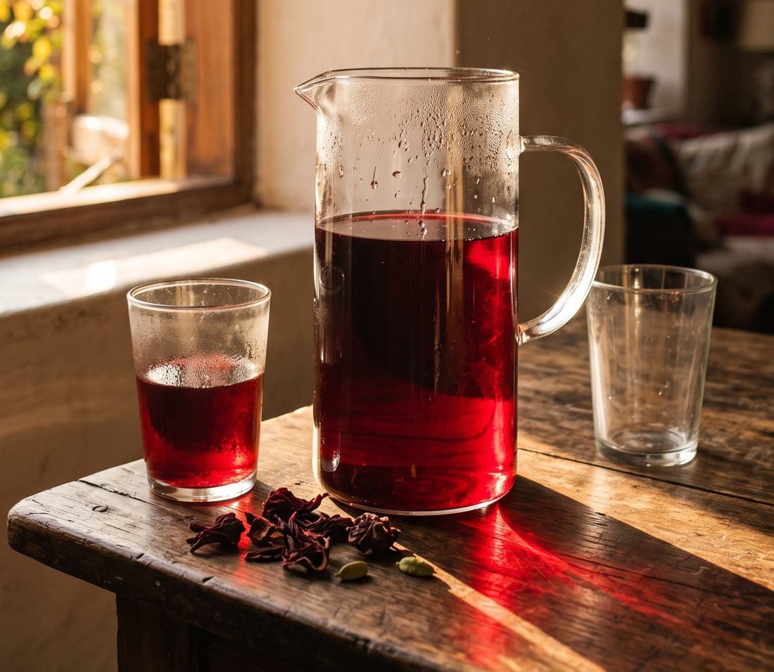 A glass pitcher of deep red hibiscus tea and two glasses on a wooden table in late afternoon light
